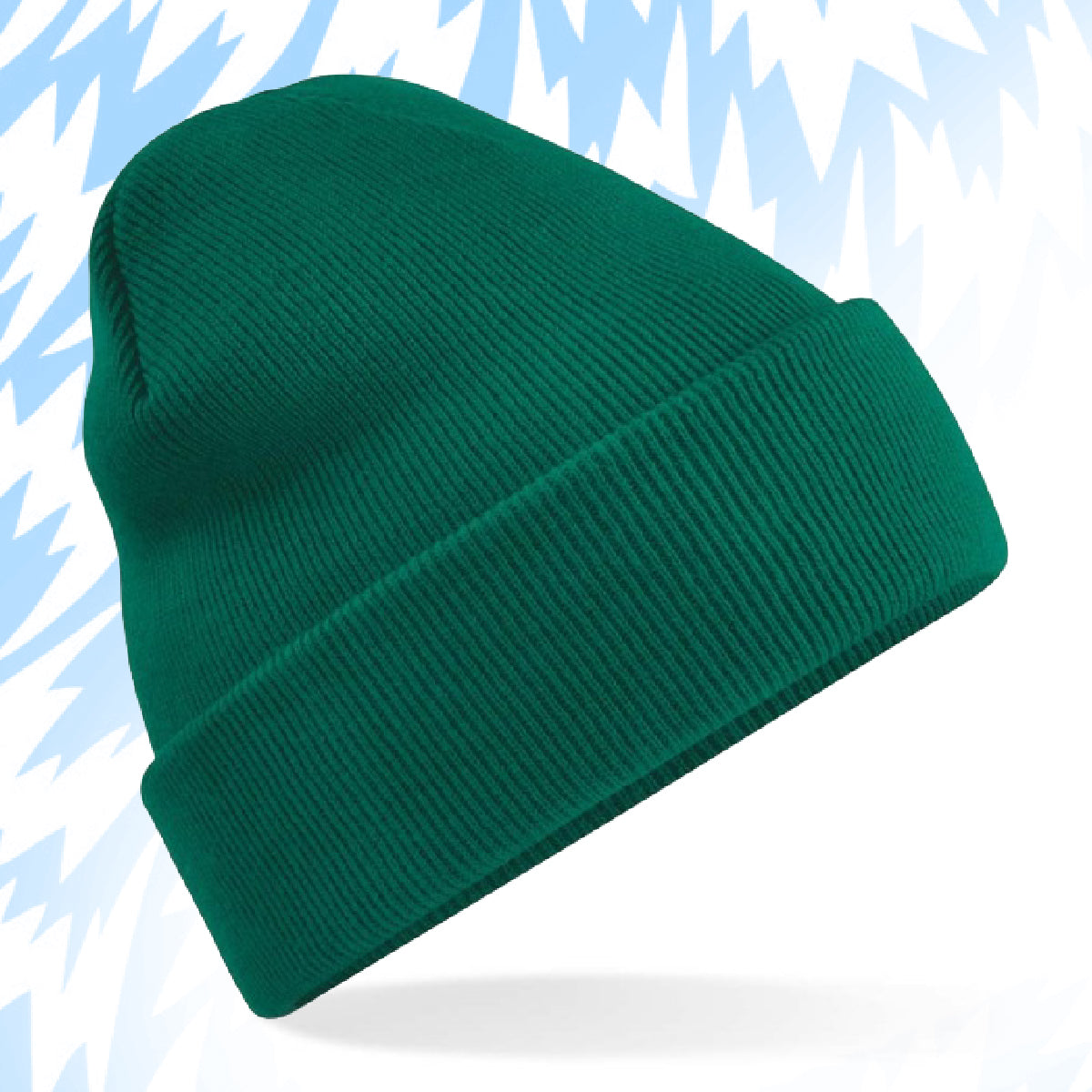 Tails FC Green beanie on a light blue background with snowflake patterns