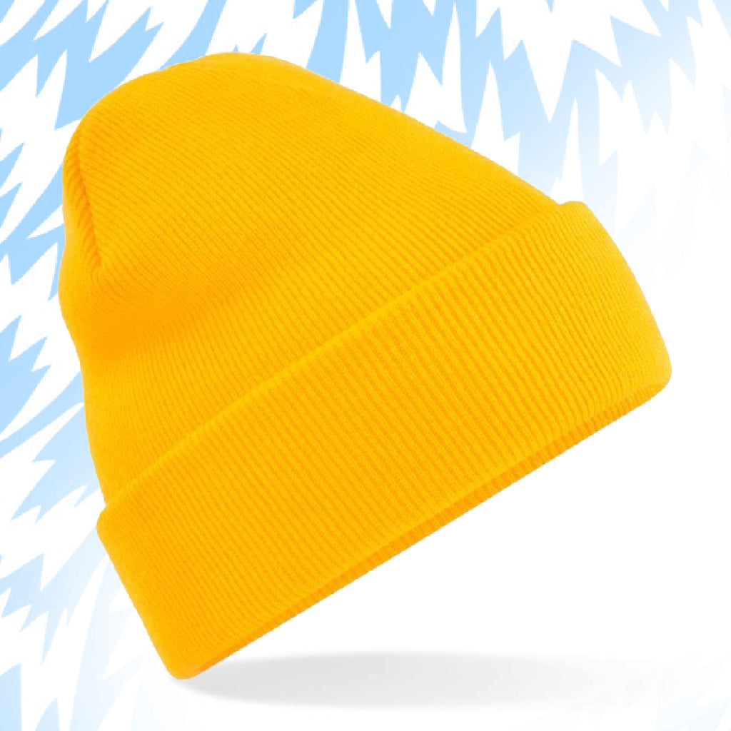 Tails FC Yellow beanie on a light blue background