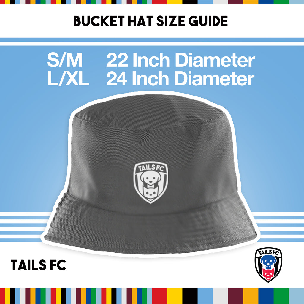 Gray bucket hat with TAILS FC logo on a blue background with size guide text.