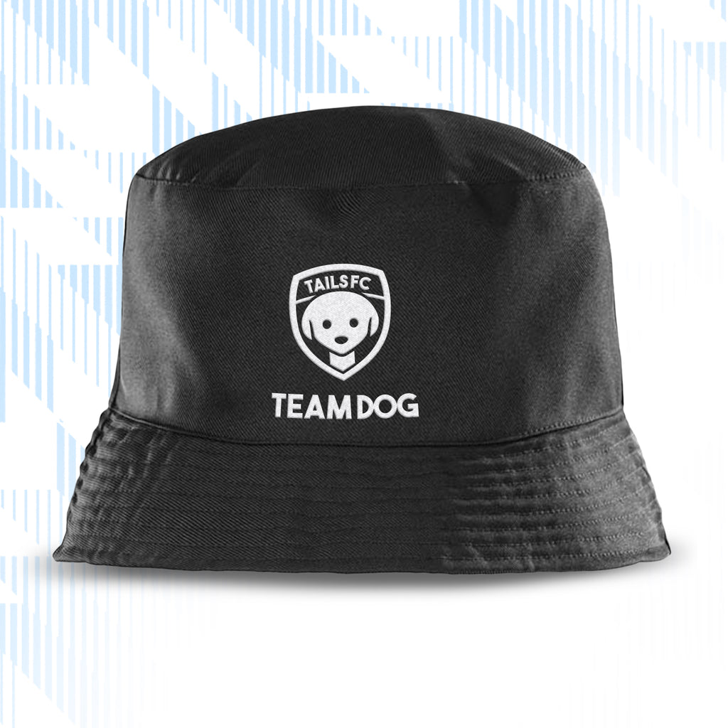 Tails FC Black bucket hat with 'Team Dog' logo on a light blue background