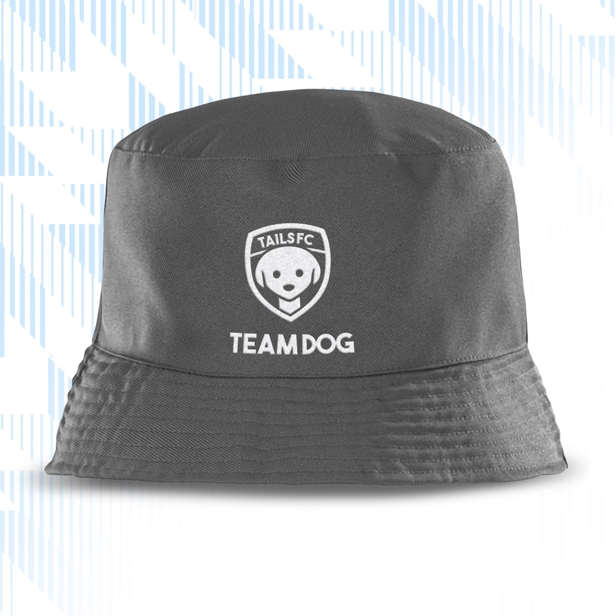 Gray bucket hat with 'TAILS FC TEAM DOG' logo on a light blue background