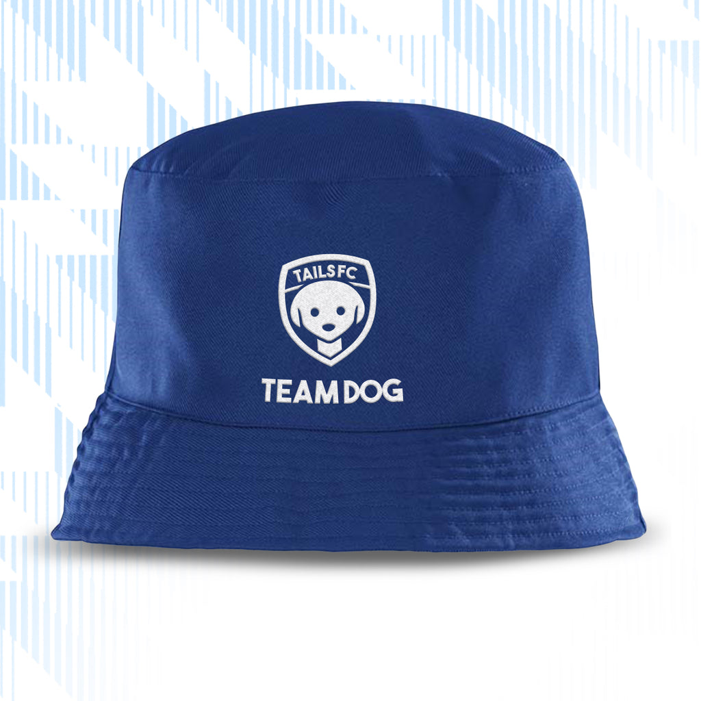 Blue bucket hat with 'TAILS FC' and 'TEAM DOG' text on a white background
