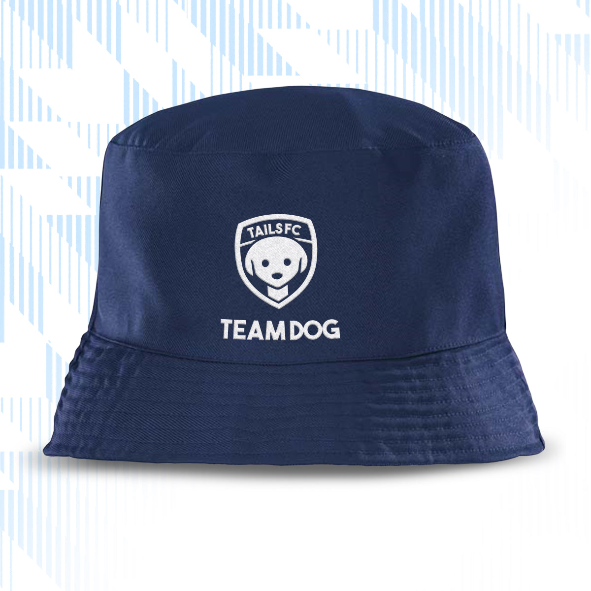 Tails FC Navy blue bucket hat with 'Team Dog' logo on a light blue background