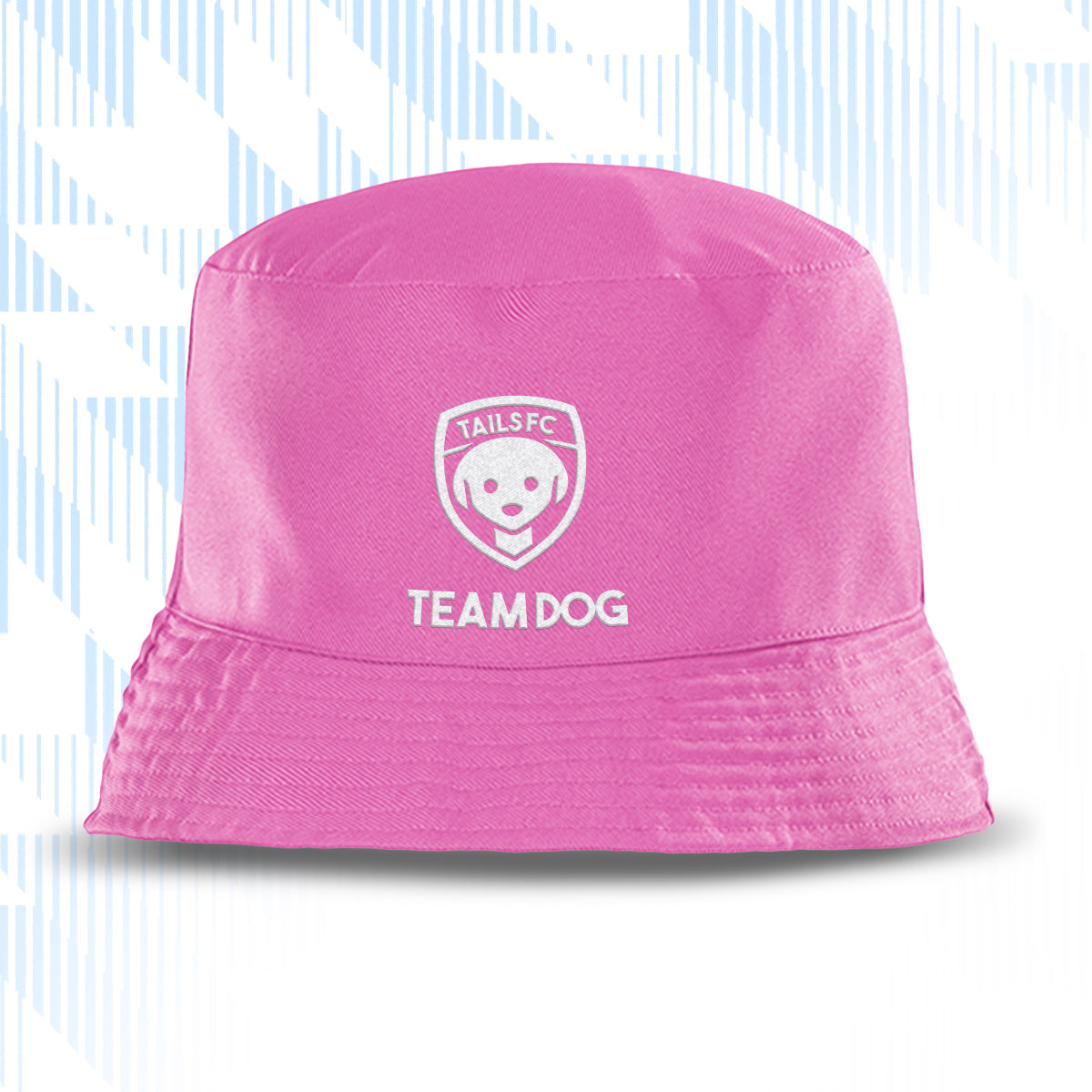 Tails FC Pink bucket hat with 'Team Dog' logo on a light blue background