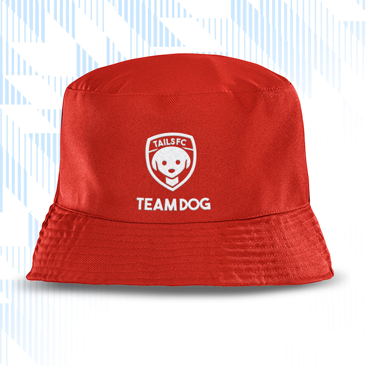 Tails FC Red bucket hat with 'TEAM DOG' logo on a white background
