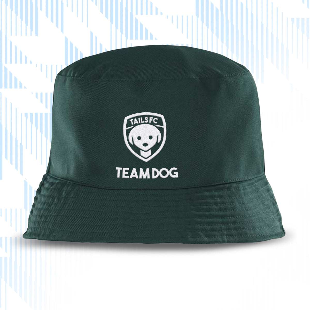 Green bucket hat with 'TAILS FC TEAM DOG' logo on a light blue background