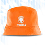 Orange bucket hat with 'TAILS FC' and 'TEAM DOG' text on a white background
