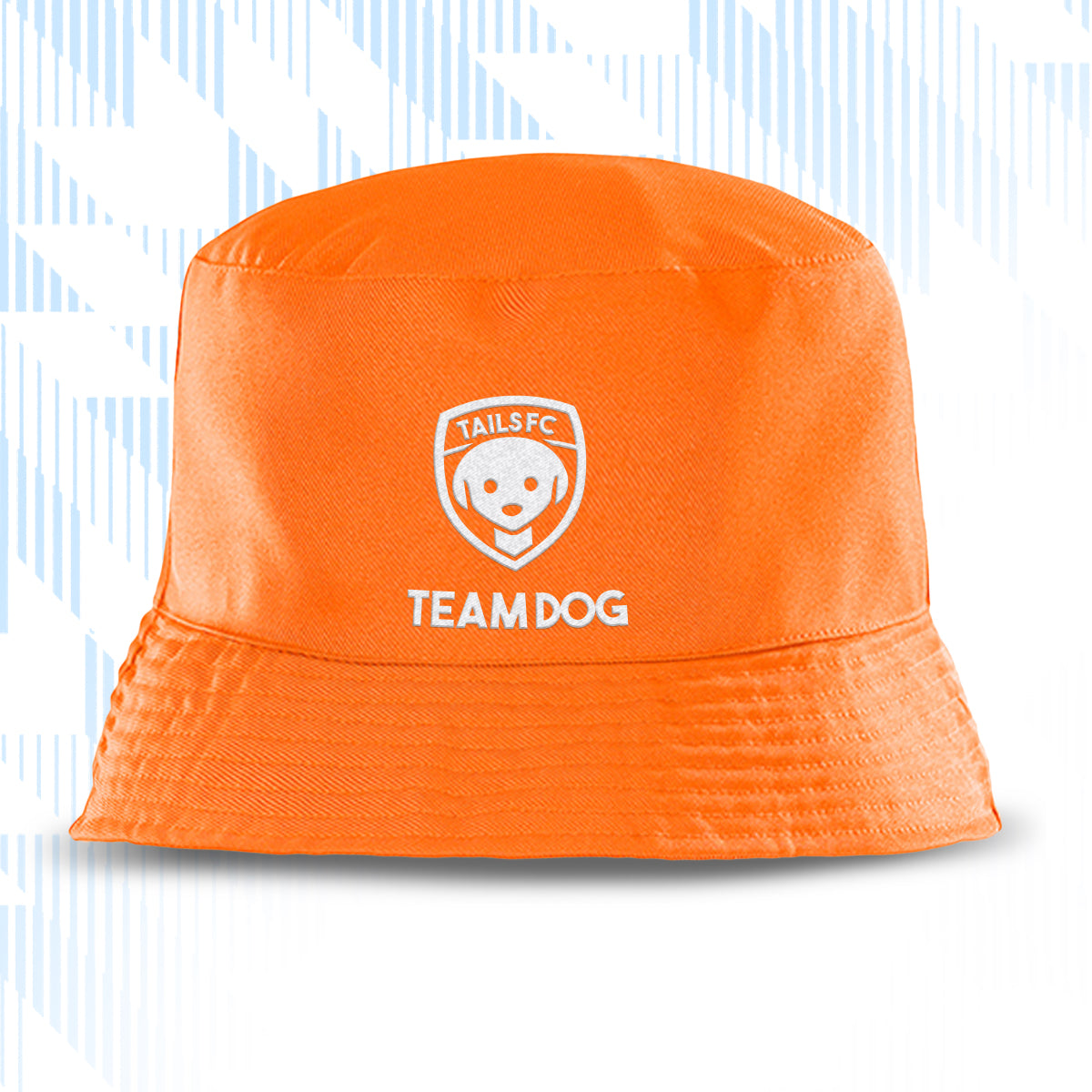 Orange bucket hat with 'TAILS FC' and 'TEAM DOG' text on a white background