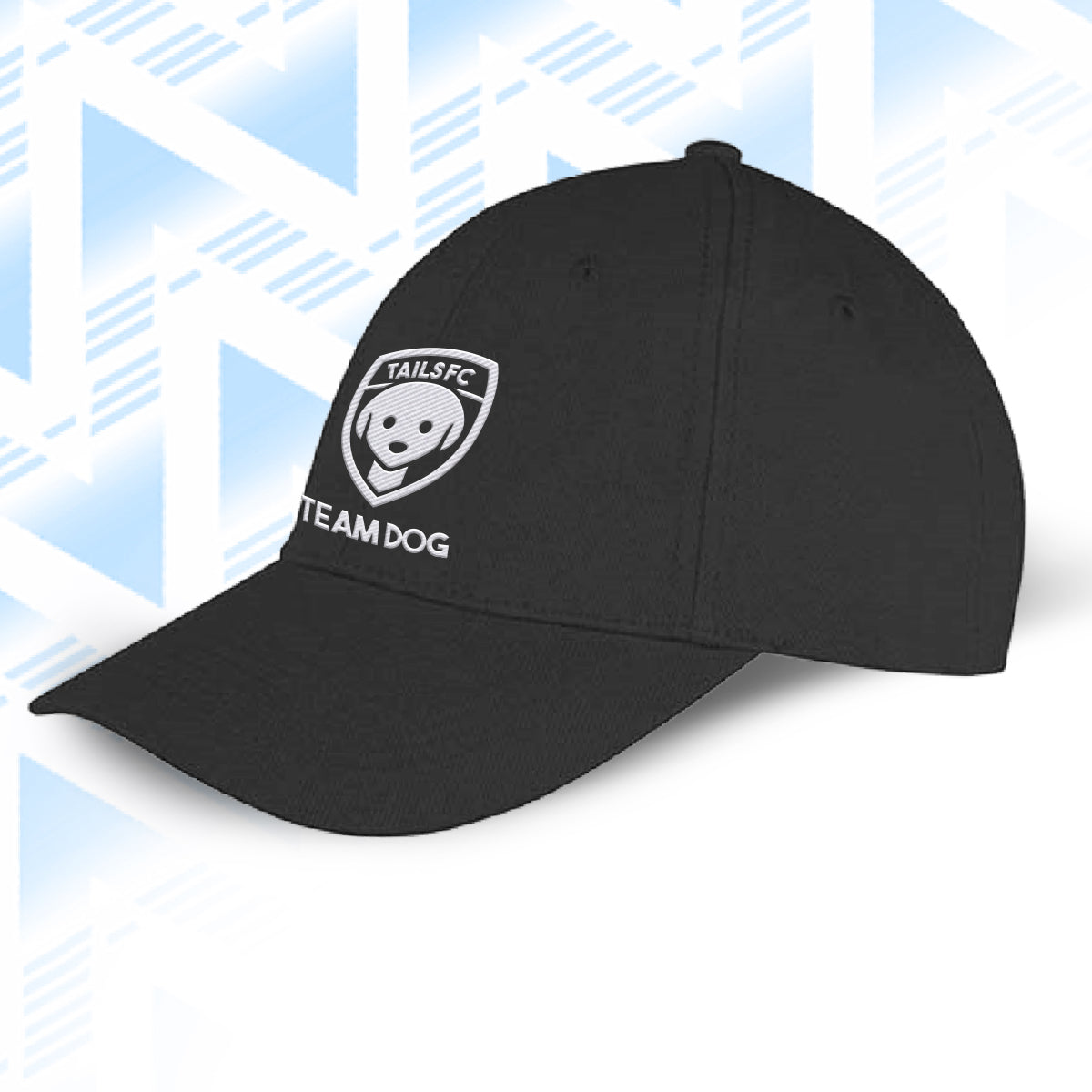 Tails FC Black cap with 'Team Dog' logo on a light blue geometric patterned background