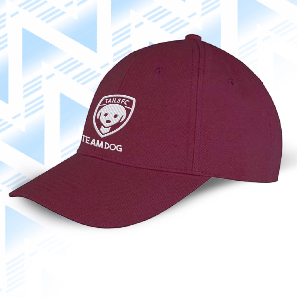 Tails FC Maroon cap with 'Team Dog' logo on a light blue geometric patterned background