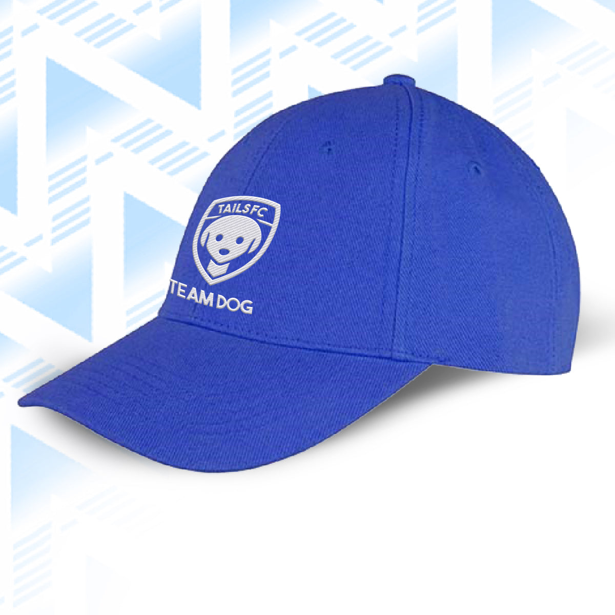 Tails FC Blue cap with 'Team Dog' logo on a light blue geometric patterned background