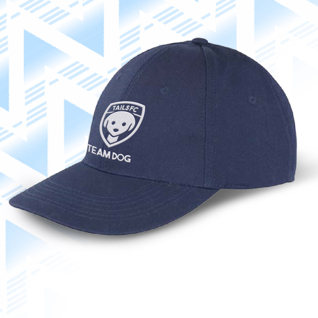 Navy blue cap with 'TAILS FC Team Dog' logo on a light blue geometric patterned background