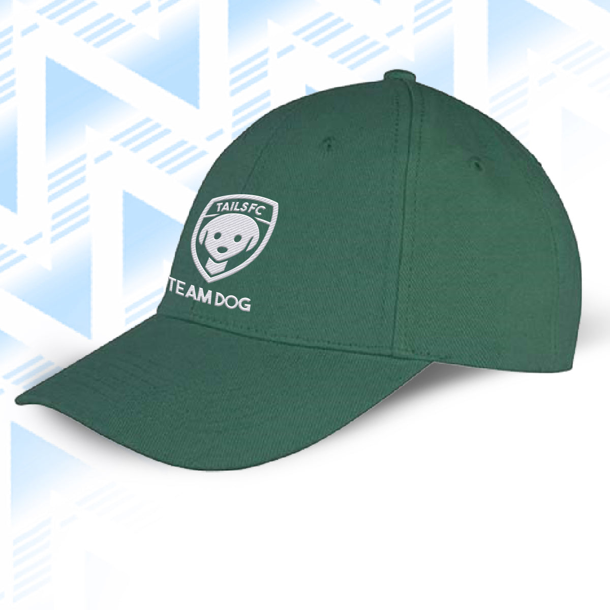 Team Dog Green cap with 'TAILS FC' logo on a light blue geometric patterned background