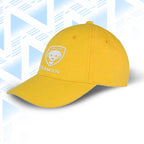 Tails FC Yellow cap with a logo and text on a light blue geometric patterned background