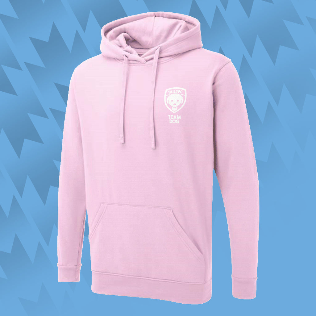 Tails FC Pink hoodie with Team Dog logo on a blue geometric patterned background