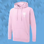 Tails FC Pink hoodie with Team Dog logo on a blue geometric patterned background