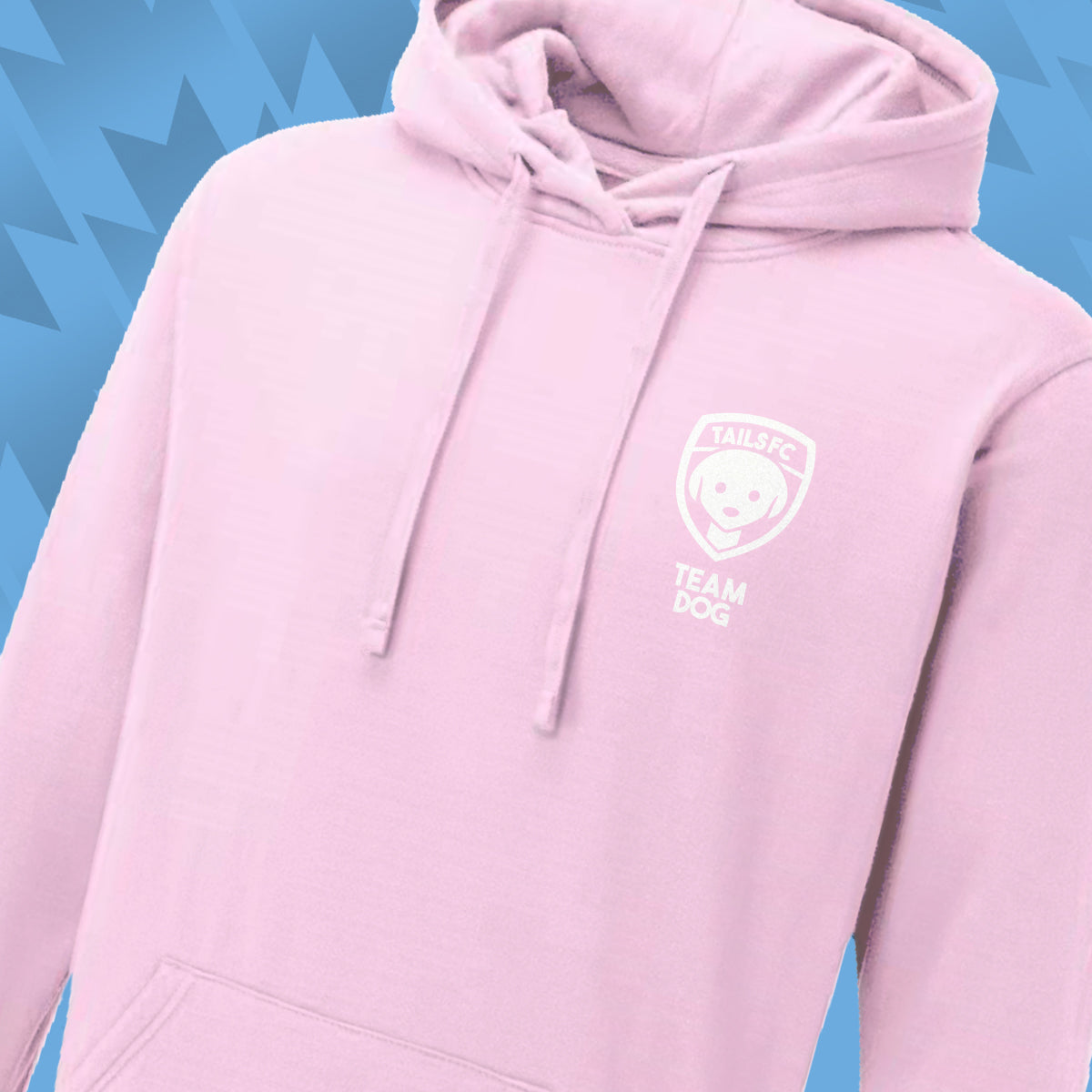 Tails FC Pink hoodie with 'Team Dog' logo on a blue background
