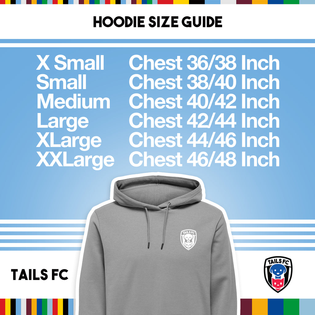 Tails FC Hoodie size guide with TAILS FC branding on a blue background
