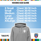 Tails FC Hoodie size guide with TAILS FC branding on a blue background