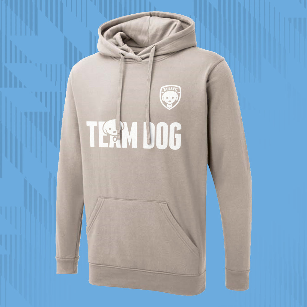 Tails FC Beige hoodie with 'Team Dog' text and logo on a blue background