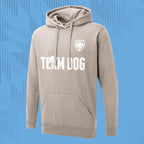 Tails FC Beige hoodie with 'Team Dog' text and logo on a blue background