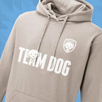 Tails FC Beige hoodie with 'Team Dog' text and logo on a blue background