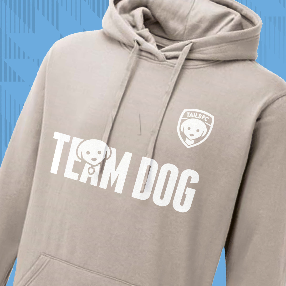 Tails FC Beige hoodie with 'Team Dog' text and logo on a blue background