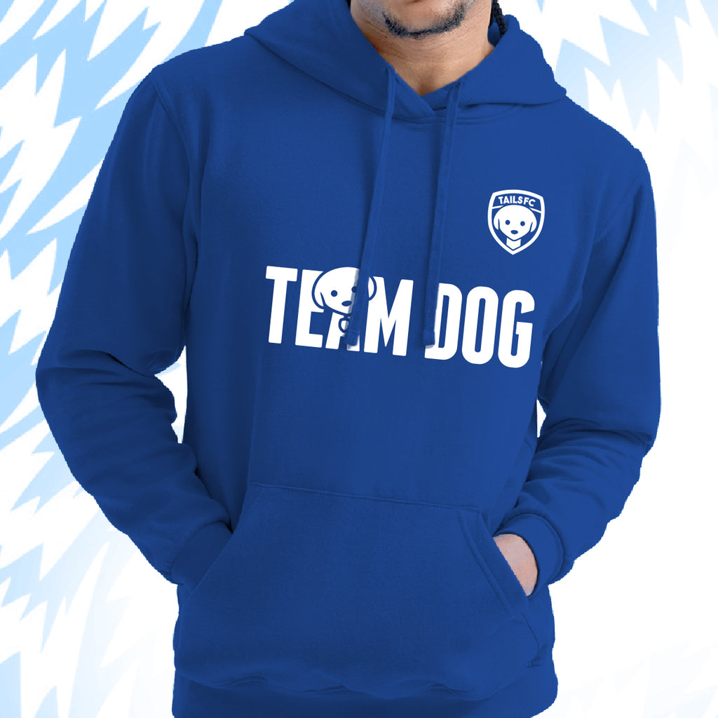 Tails FC Blue hoodie with 'TEAM DOG' text and logo on a light blue background