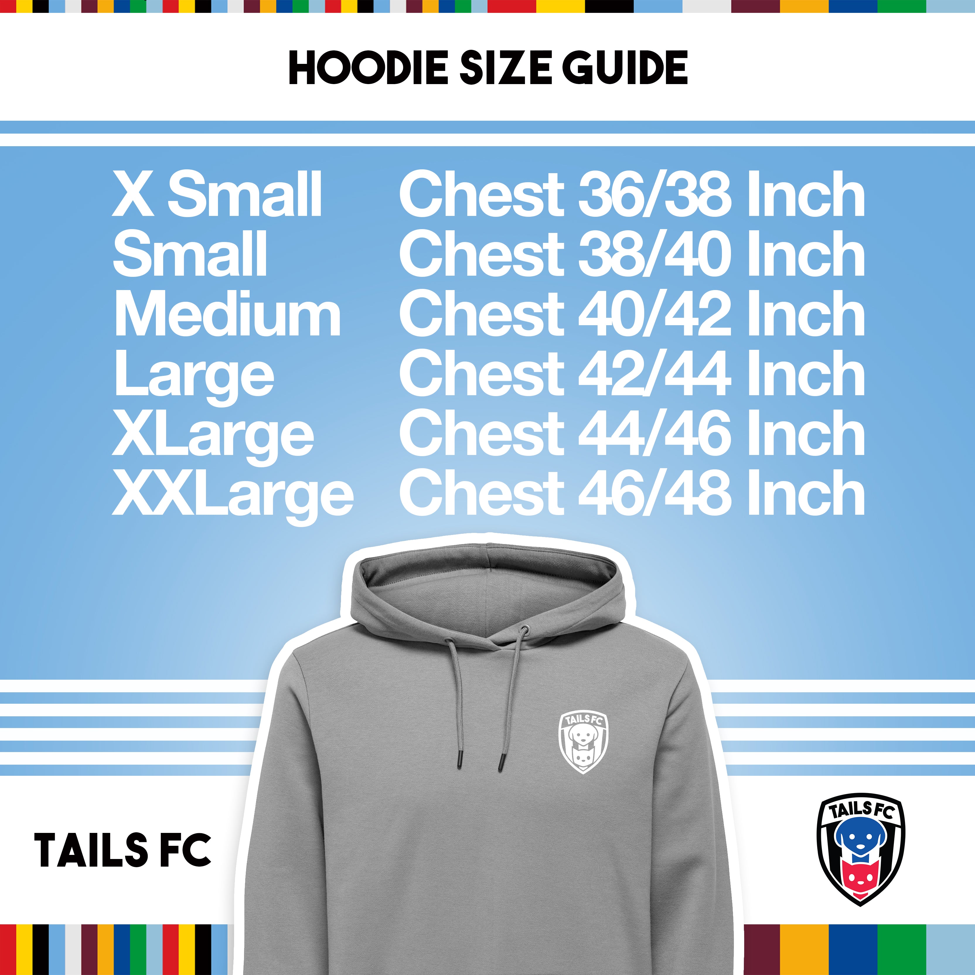 Tails FC Hoodie size guide with TAILS FC branding on a blue background