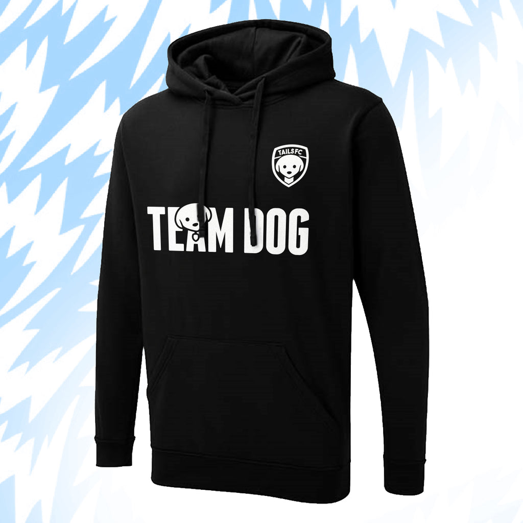 Tails FC Black hoodie with 'Team Dog' text and logo on a light blue background
