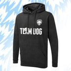 Tails FC Black hoodie with 'Team Dog' text and logo on a blue abstract background