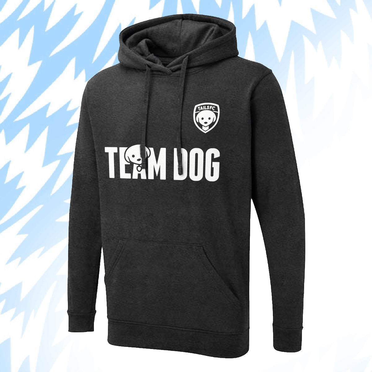 Tails FC Black hoodie with 'Team Dog' text and logo on a blue abstract background