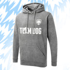 Tails FC Gray hoodie with 'Team Dog' text and logo on a blue abstract background
