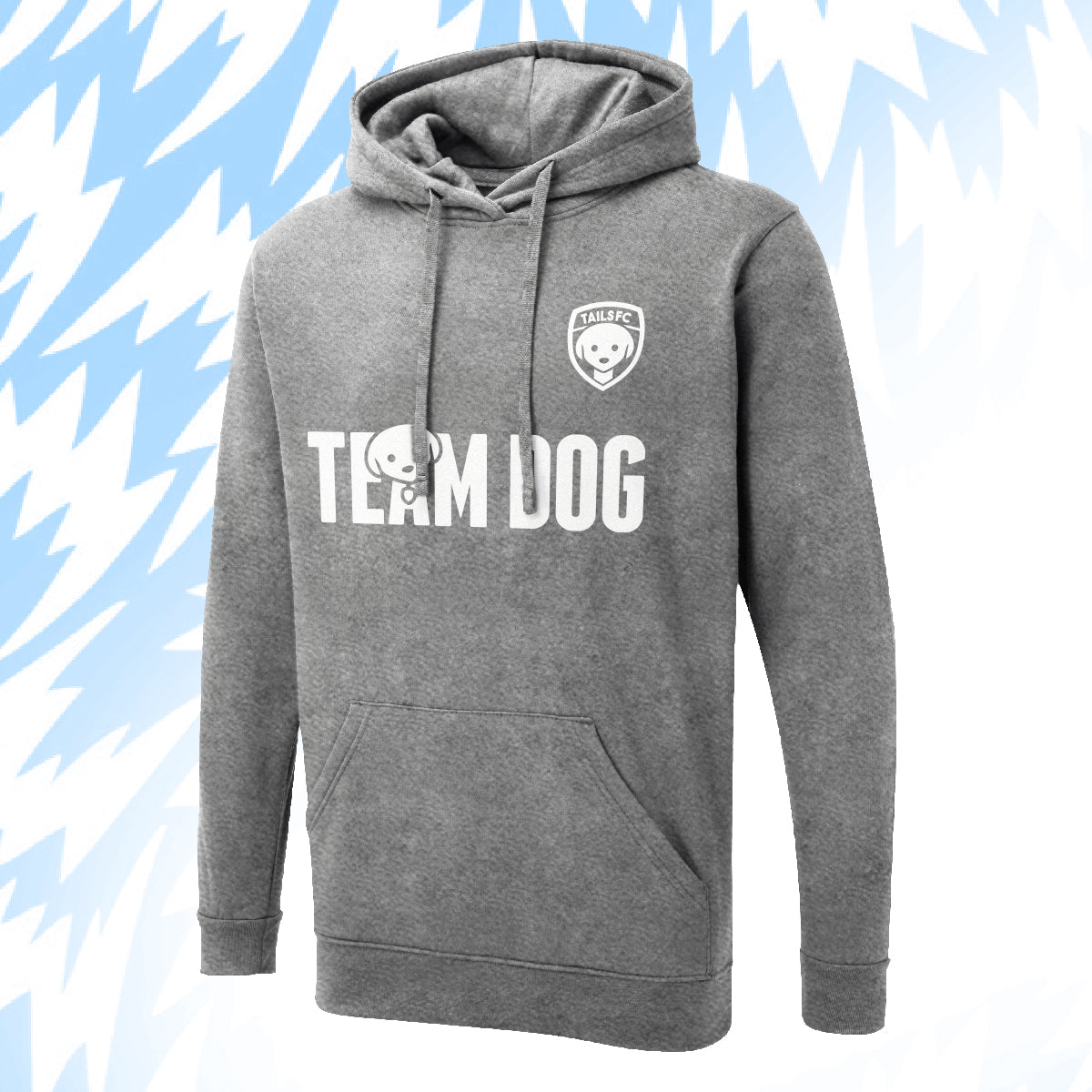 Tails FC Gray hoodie with 'Team Dog' text and logo on a blue abstract background