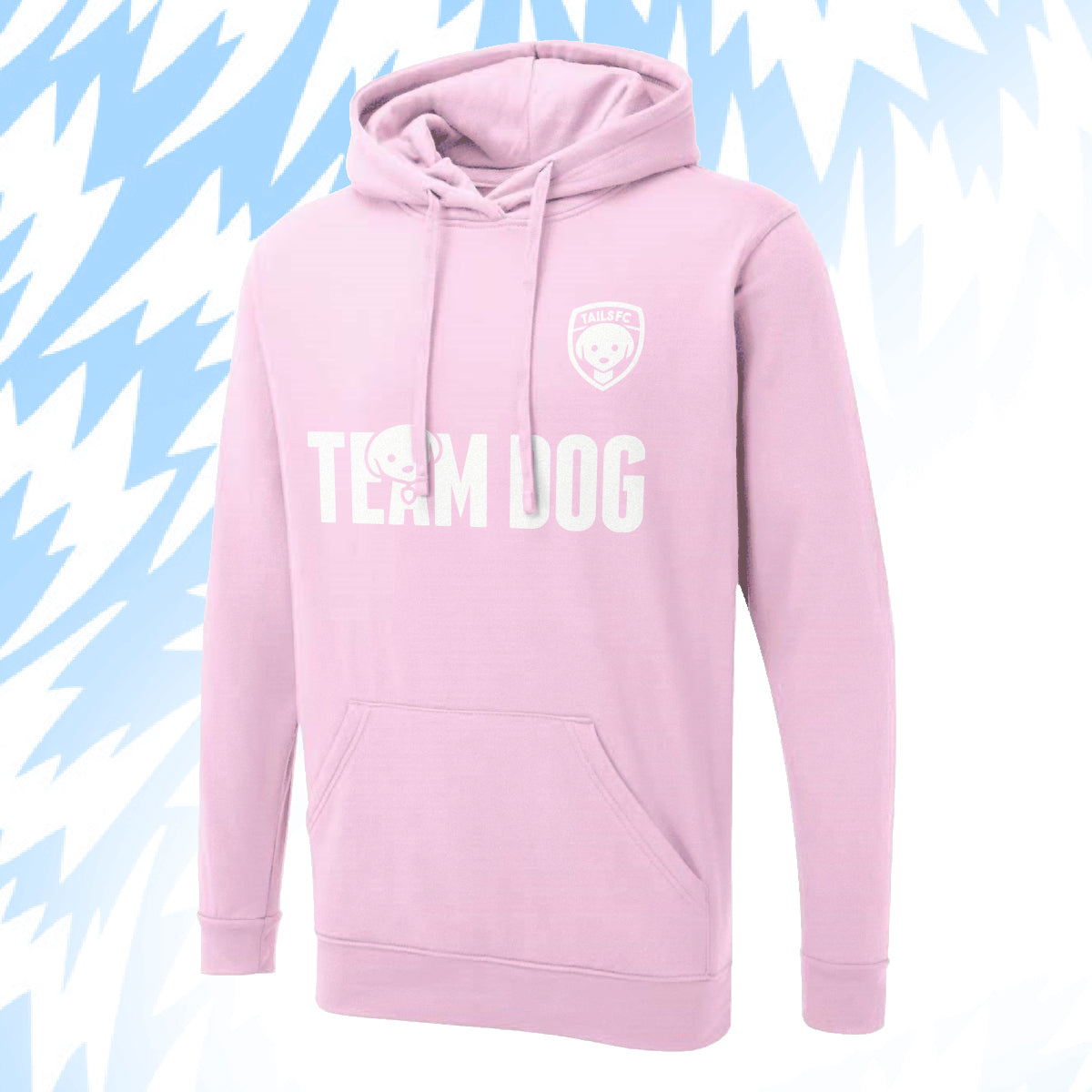 Tails FC Pink hoodie with 'TEAM DOG' text on a blue background
