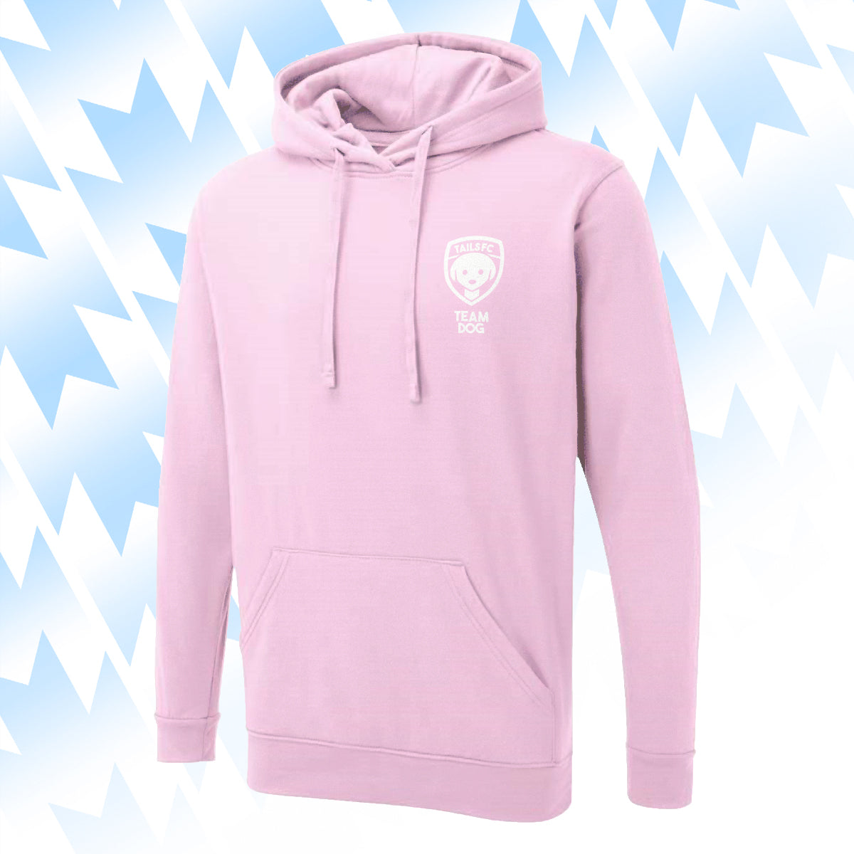 Tails FC Pink hoodie with Team Dog logo on a light blue background