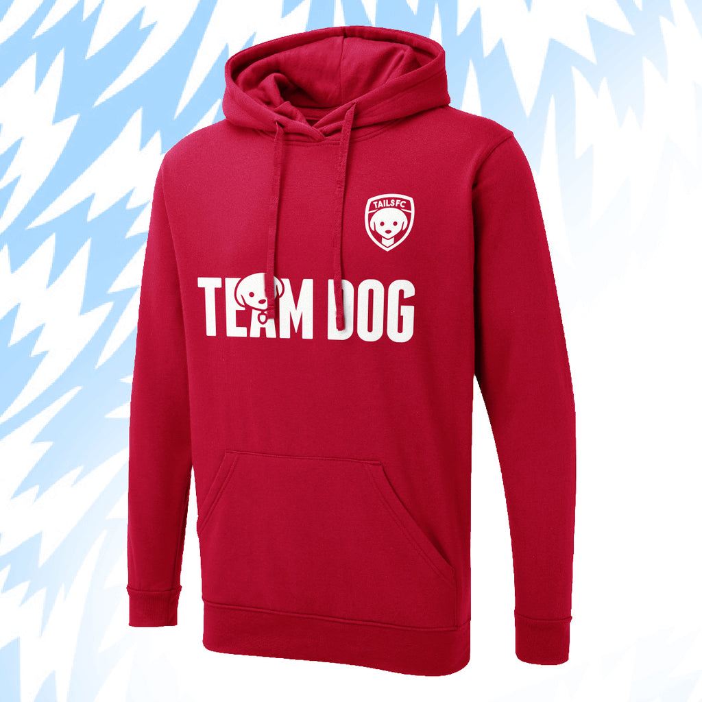 Tails FC Red hoodie with 'Team Dog' text and logo on a light blue background