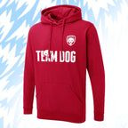 Tails FC Red hoodie with 'Team Dog' text and logo on a light blue background