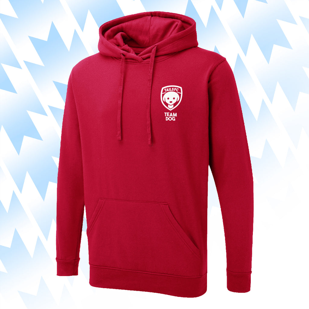 Tails FC Red hoodie with Team Dog logo on a light blue background