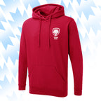 Tails FC Red hoodie with Team Dog logo on a light blue background