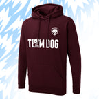 Tails FC Maroon hoodie with 'Team Dog' text and logo on a light blue background