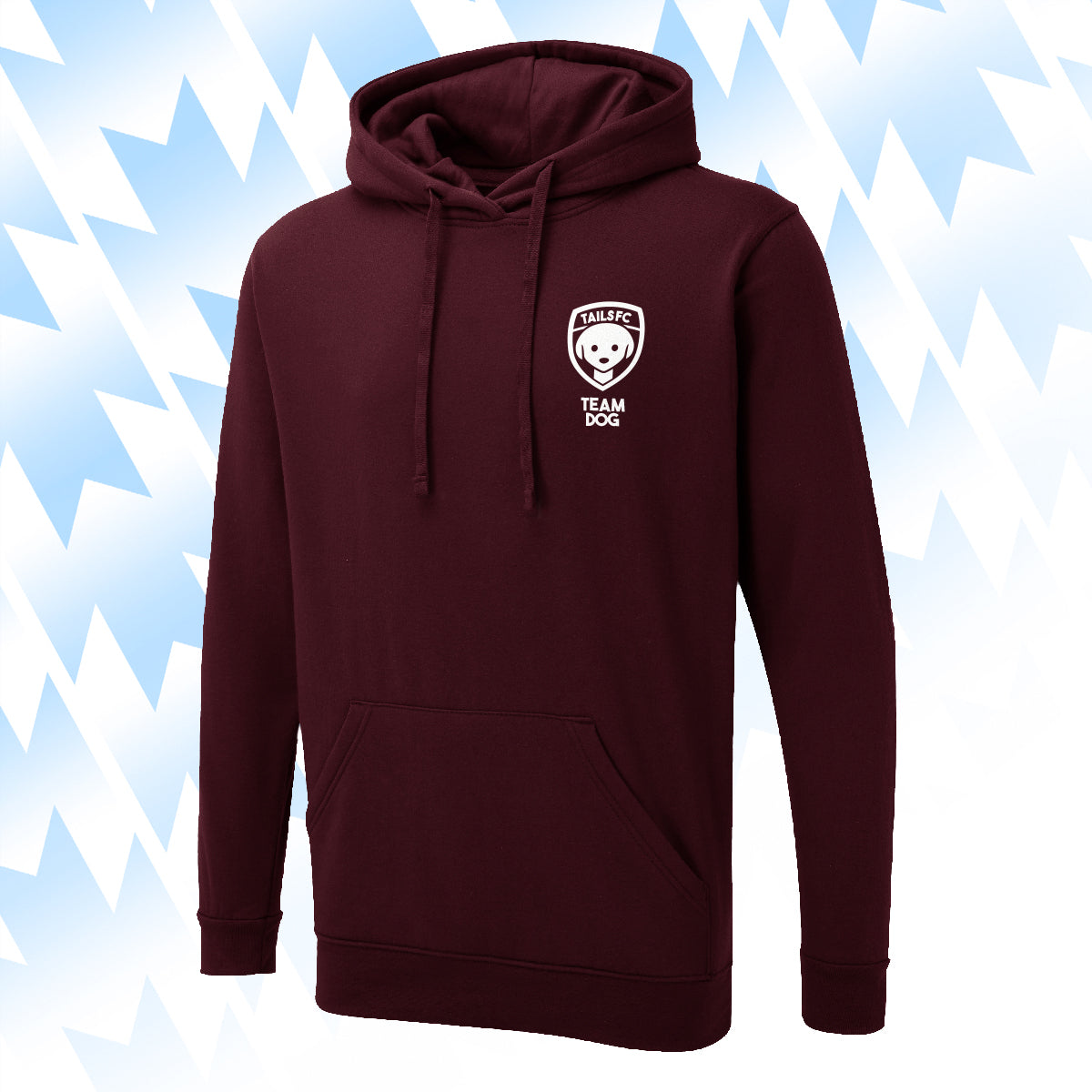 Tails FC Maroon hoodie with Team Dog logo on a light blue background