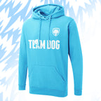 Tails FC Blue hoodie with 'Team Dog' text and logo on a light blue background