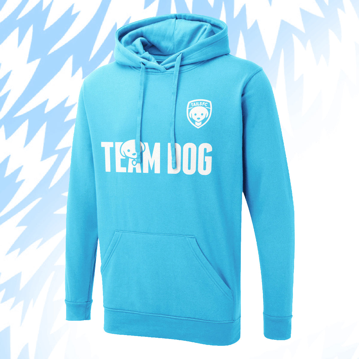 Tails FC Blue hoodie with 'Team Dog' text and logo on a light blue background