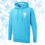 Tails FC Blue hoodie with Team Dog logo on a blue and white abstract background