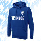 Tails FC Blue hoodie with 'Team Dog' text and logo on a light blue background