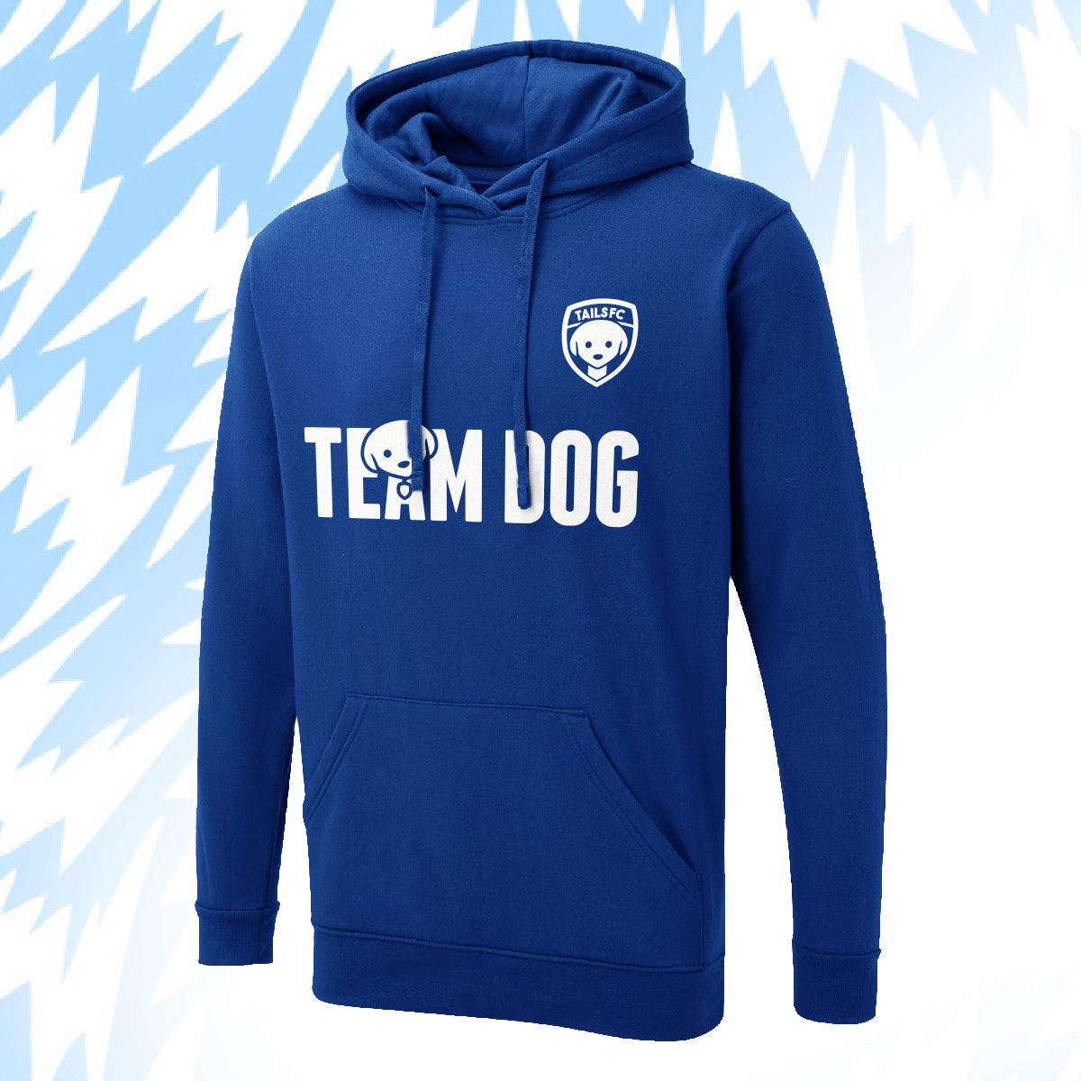 Tails FC Blue hoodie with 'Team Dog' text and logo on a light blue background