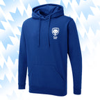 Tails FC Blue hoodie with Team Dog logo on the chest against a light blue abstract background