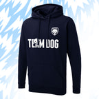 Tails FC Black hoodie with 'Team Dog' text and logo on a blue abstract background
