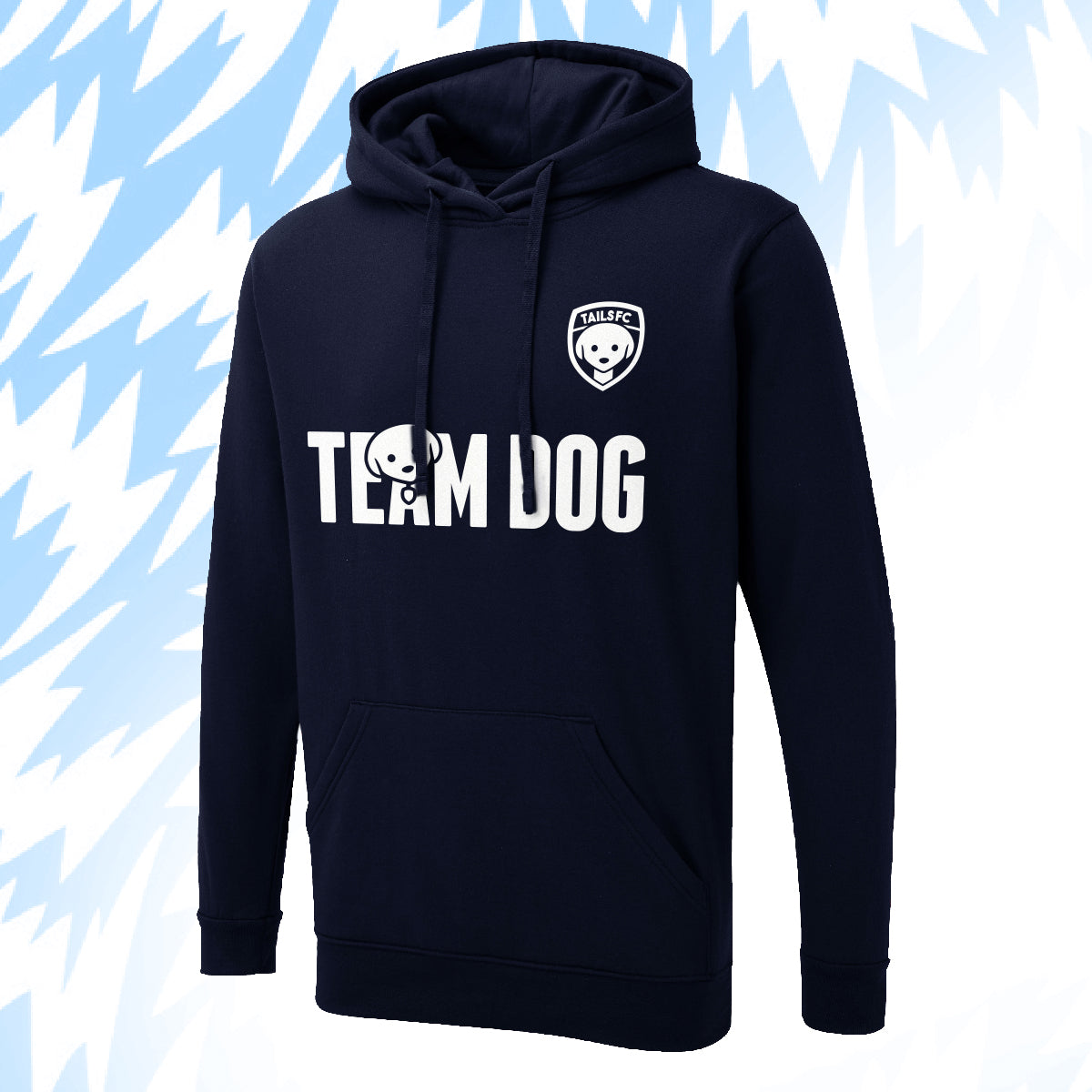 Tails FC Black hoodie with 'Team Dog' text and logo on a blue abstract background